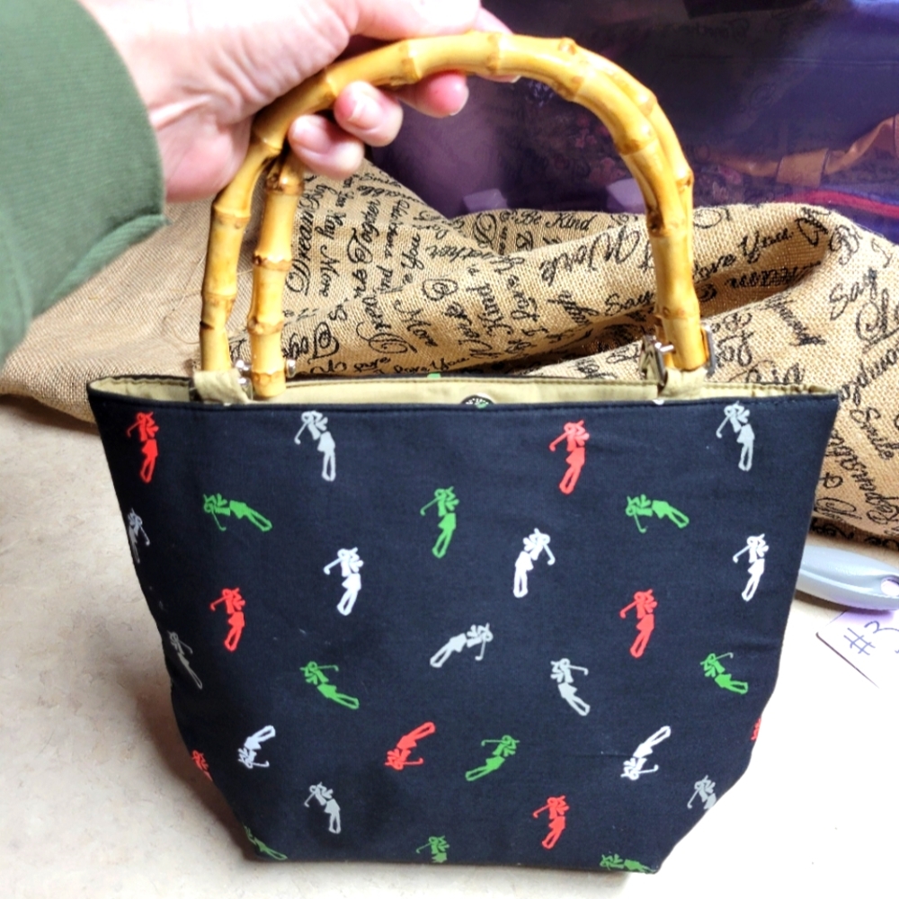 Vintage Liz claiborne bag golfer print blue background bamboo handles